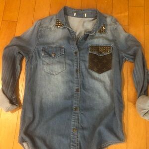 Denim Shirt with handmade Louis Vuitton patch on pocket